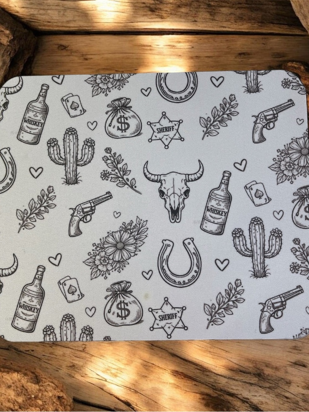 Western Cowboy Print Mouse Pad - Black on White